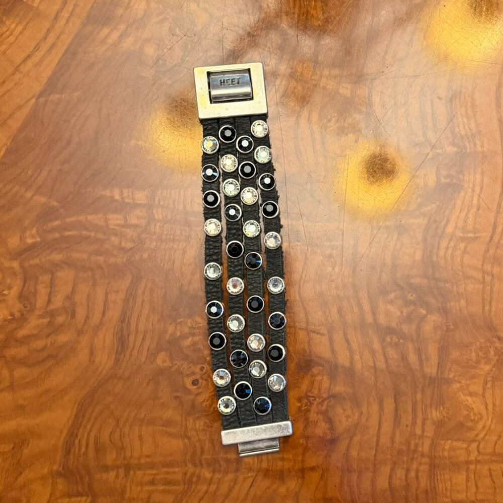 HEET Crystal & Leather Multi-Strand Bracelet – Black & Clear Stones, Statement C